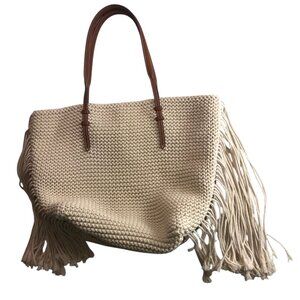 ZARA Macrame Fringe Knit Handbag Shoulder Tote Purse Bag Beige Large Fringe